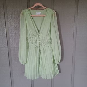 ASOS Ruched Waist Pleated Mini Dress Size 10 Button Long Sleeve Color Soft Green